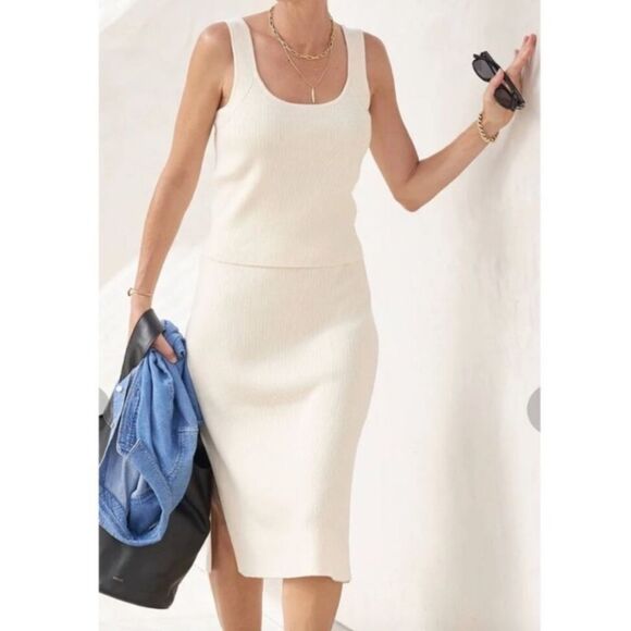 AYR Skirt The Curator Ribbed Knit Marino Wool Stretch Slit Cream Midi Size M - Picture 8 of 8